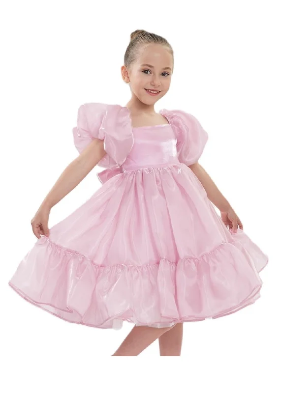 2Bunnies Girls' Organza Puff Sleeve Babydoll Dress in Pink Ruffle Hem Vintage unclassified dresses