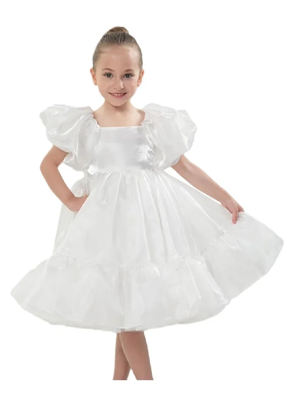 2Bunnies Girls' Organza Puff Sleeve Babydoll Dress in White Ruffle Hem Short unclassified dresses