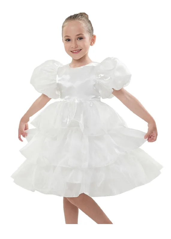 2Bunnies Girls' Organza Puff Sleeve Babydoll Dress in White Tiered Gothic unclassified dresses