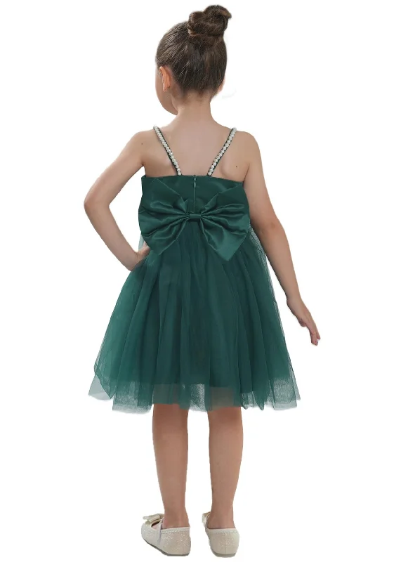 2Bunnies Satin Pearl Strap Bow Girl Dress in Green Bold pattern unclassified dresses