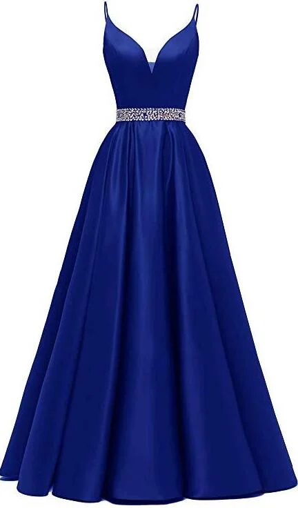 A-line Royal Blue Prom Dresses, Satin Prom Dress With Beading Smocked unclassified dresses