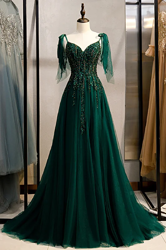 A-Line Spaghetti Straps Dark Green Prom Dress with Beading Mesh unclassified dresses