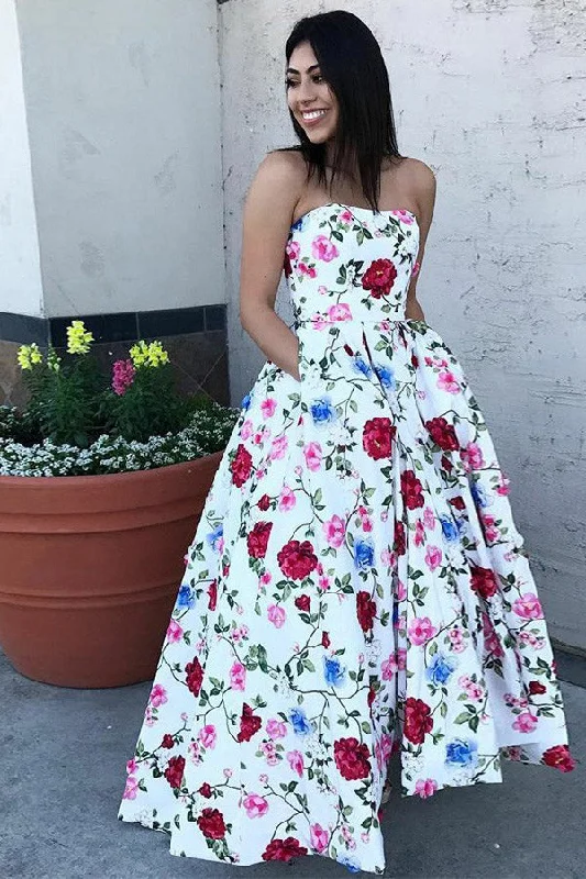 A Line Strapless High Low Printed Prom Dresses with Pockets Floral Party Dresses N973 Romantic floral dresses