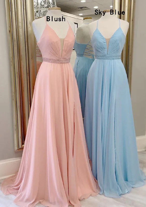 A-line V Neck Sleeveless Chiffon Sweep Train Prom Dress With Beading Pleated Bold pattern unclassified dresses