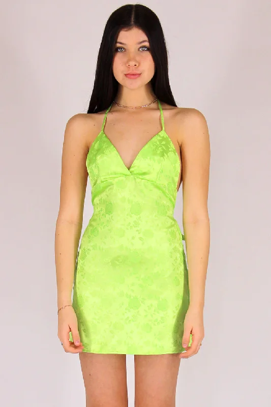 Adjustable Bralette Dress - Lime Green Satin with Roses Winter unclassified dresses