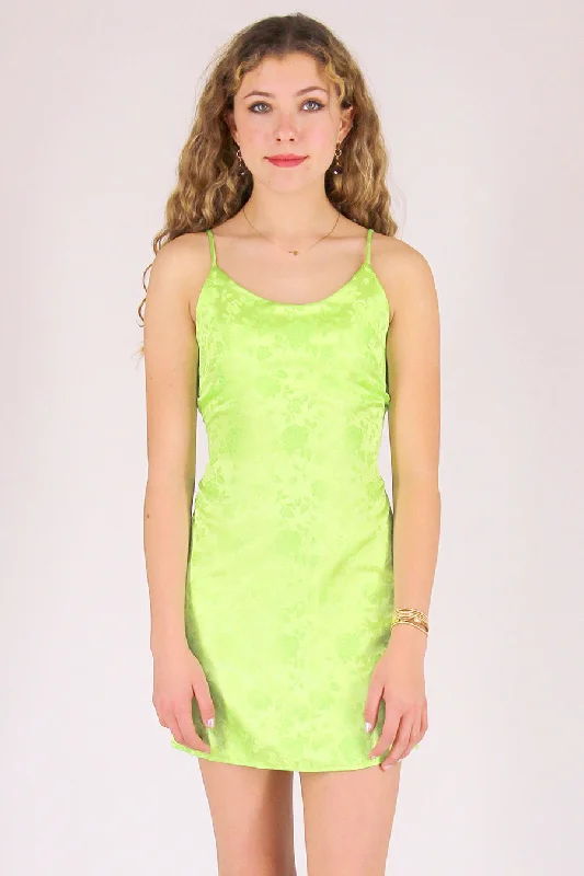 Adjustable Satin Dress - Lime Green with Roses Short unclassified dresses