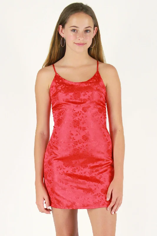 Adjustable Satin Dress - Red Satin with Roses Stretchy unclassified dresses