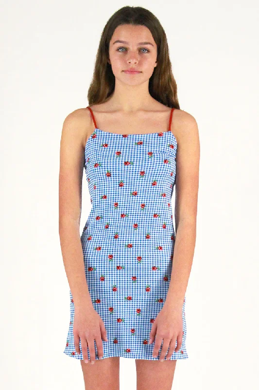 Adjustable Strap Dress - Stretchy Blue Checker with Roses Formal unclassified dresses