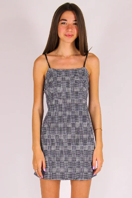 Adjustable Strap Dress - Stretchy Grey Plaid Ruched unclassified dresses