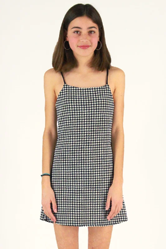 Adjustable Strap Dress - Stretchy Houndstooth Backless unclassified dresses