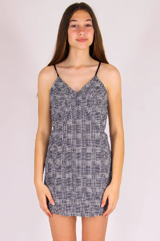 Adjustable V-Neck Dress - Stretchy Grey Plaid Bodycon unclassified dresses