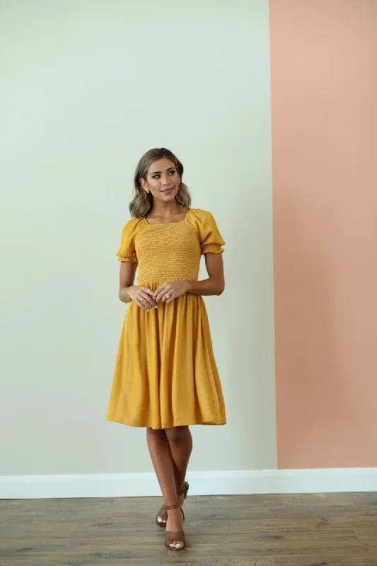 Annalise Smocked Dress in Mustard Lace unclassified dresses