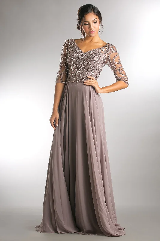 Beaded 3/4 Sleeve V-Neck Chiffon Gown by Amelia Couture 7046 - Outlet Winter unclassified dresses