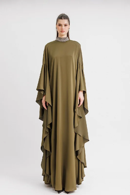 Beaded collar Kaftan style olive dress Mesh unclassified dresses