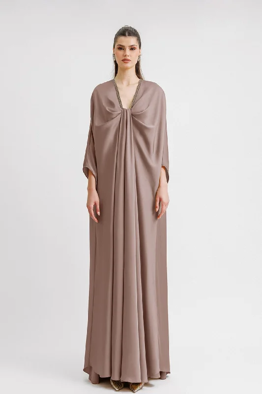 Beaded neckline kaftan style taupe dress Backless unclassified dresses