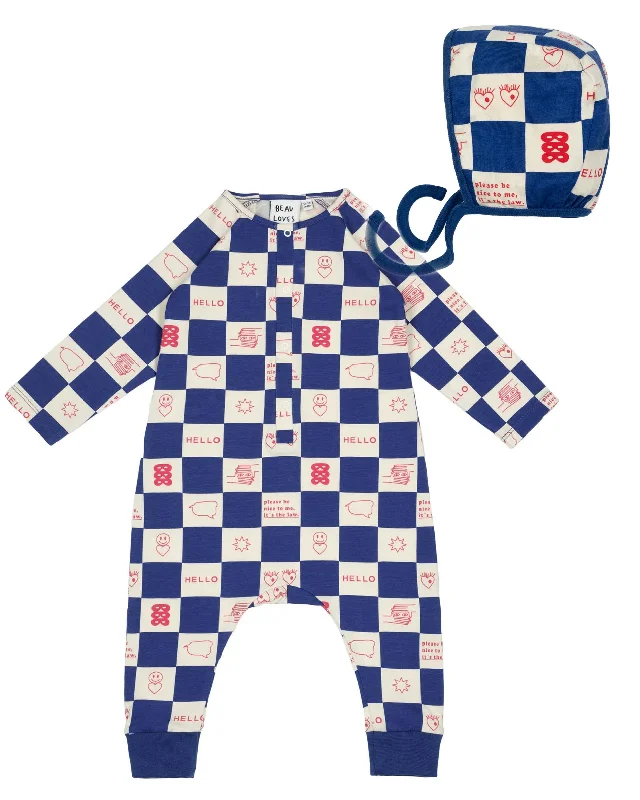 BEAU LOVES  "I see you" BABY True Blue Comic Book Check Romper and Bonnet Set Elegant evening unclassified dresses