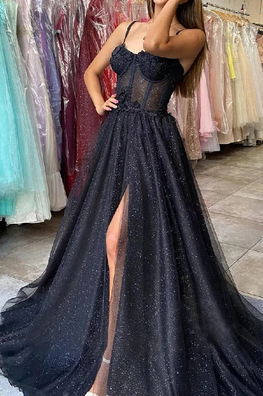 Black A Line Spaghetti Straps Prom Dresses with Slit, Sparkly Evening Gown A-line unclassified dresses