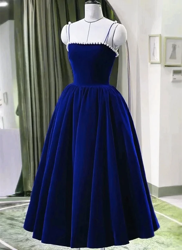 Blue Tea Length Velvet Straps Pearls Formal Dress, Blue Homecoming Dress Ruffled unclassified dresses