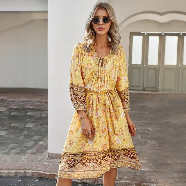 Boho Chic Floral Print Long Sleeve Dress Smocked floral dresses