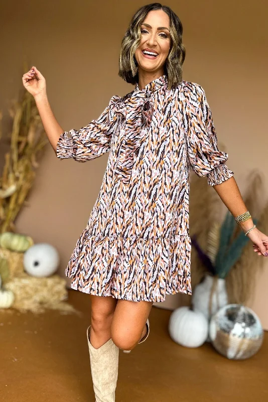 Camel Lilac Abstract Print Puff Sleeve Tiered Dress Best floral dresses for tall women