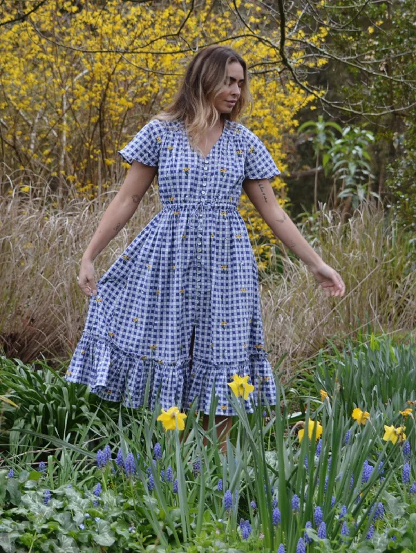 100% RECYCLED COTTON - DULCIE DRESS BLUE GINGHAM Embroidered unclassified dresses