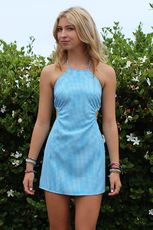 Cut-out Halter Dress - Baby Blue Gingham Polka dot unclassified dresses