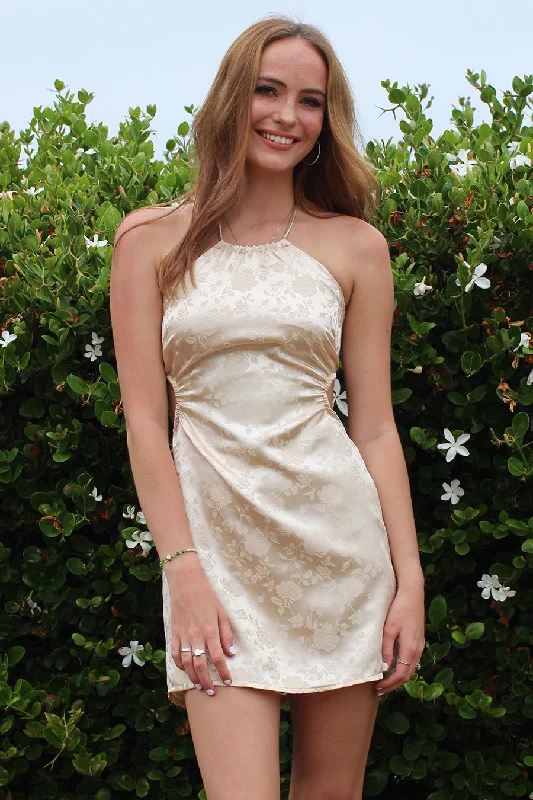 Cut-out Halter Dress - Champagne Satin with Roses Budget-friendly unclassified dresses