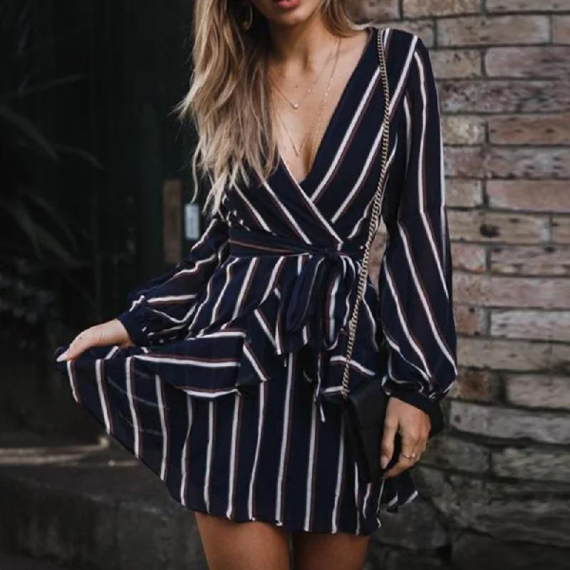 Dress Lantern Sleeve Casual Striped V Neck Casual Ruffle Date night unclassified dresses