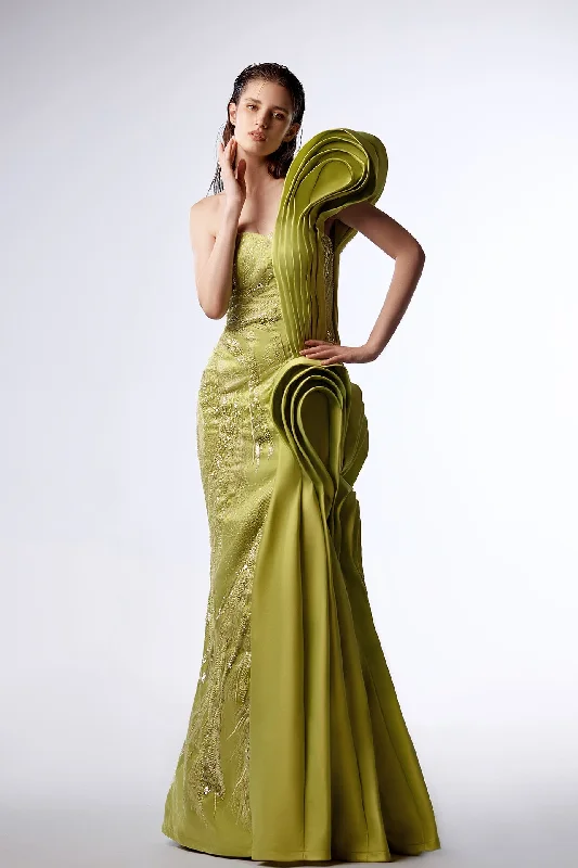 Embroidered gown with asymmetrical taffeta draping Soft fabric unclassified dresses