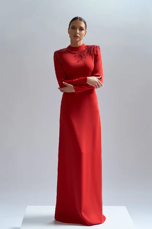 Embroidered neckline red crepe gown Wrap unclassified dresses