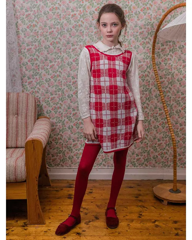 FISH & KIDS AW23 Knit Red Check Sleeveless Knit Dress Trendy unclassified dresses