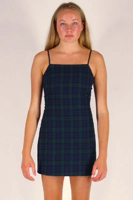 Fitted Square Strap Dress - Flannel Navy Green Plaid Stylish unclassified dresses