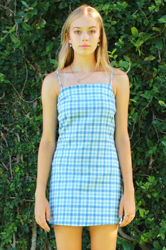 Fitted Square Strap Dress - Flannel Blue Plaid Comfortable unclassified dresses