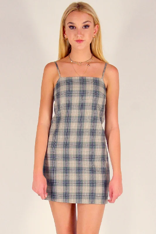 Fitted Square Strap Dress - Flannel Green Beige Plaid Mesh unclassified dresses