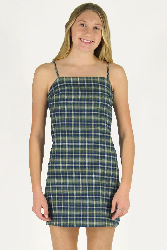 Fitted Square Strap Dress - Flannel Green Plaid Luxury unclassified dresses