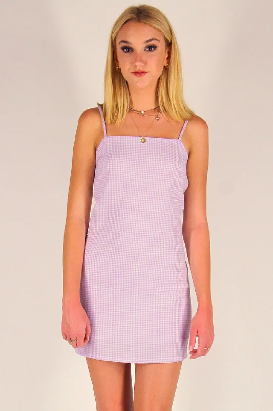 Fitted Square Strap Dress - Lavender Gingham Vacation unclassified dresses