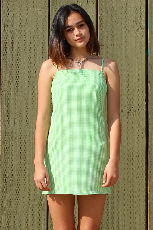 Fitted Square Strap Dress - Lime Green Gingham Polka dot unclassified dresses