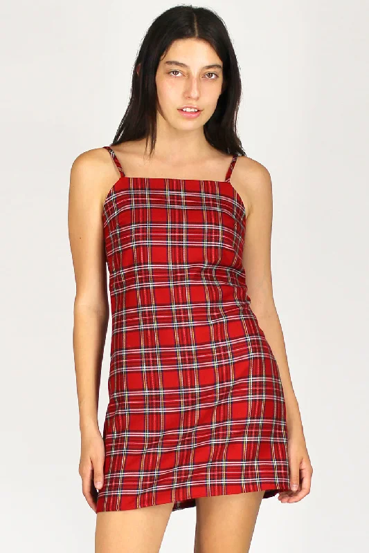 Fitted Square Strap Dress - Red Plaid Breathable unclassified dresses