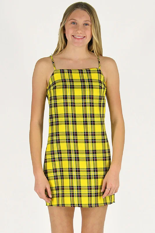 Fitted Square Strap Dress - Yellow Plaid Casual unclassified dresses