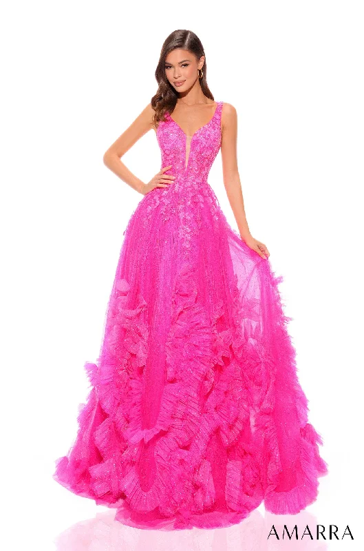 Floral Applique V-Neck Ruffled Tulle Ball Gown by Amarra 88880 Tiered floral dresses