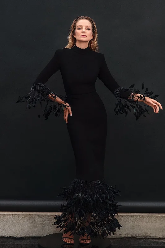 High-necked dress in black silk crepe and ruffled coq plumes Backless unclassified dresses