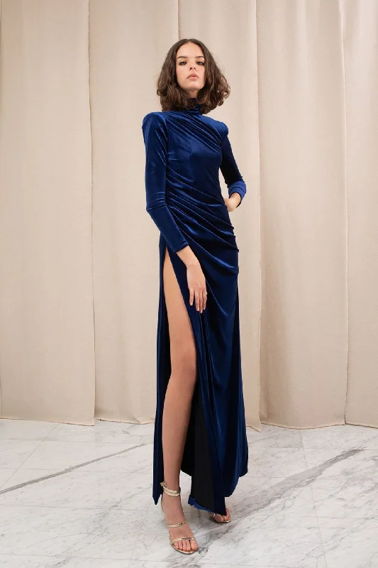 High neckline velvet dress with slit Metallic unclassified dresses