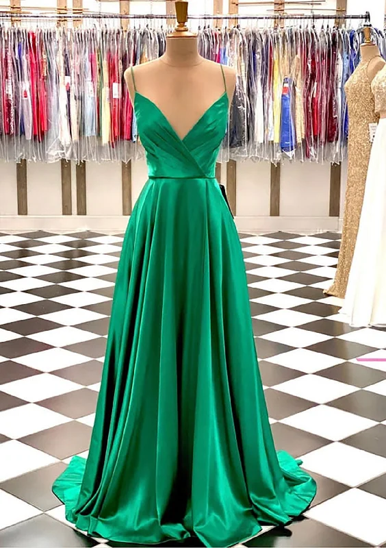 Hunter Green Prom Dresses, A-line V Neck Spaghetti Straps Sweep Train Charmeuse Prom Dress With Pleated Mesh unclassified dresses