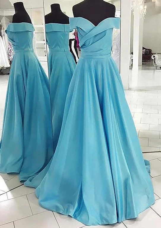 Ice Blue Prom Dresses, A-line/Princess Off-the-Shoulder Sleeveless Sweep Train Satin Prom Dress Breathable unclassified dresses