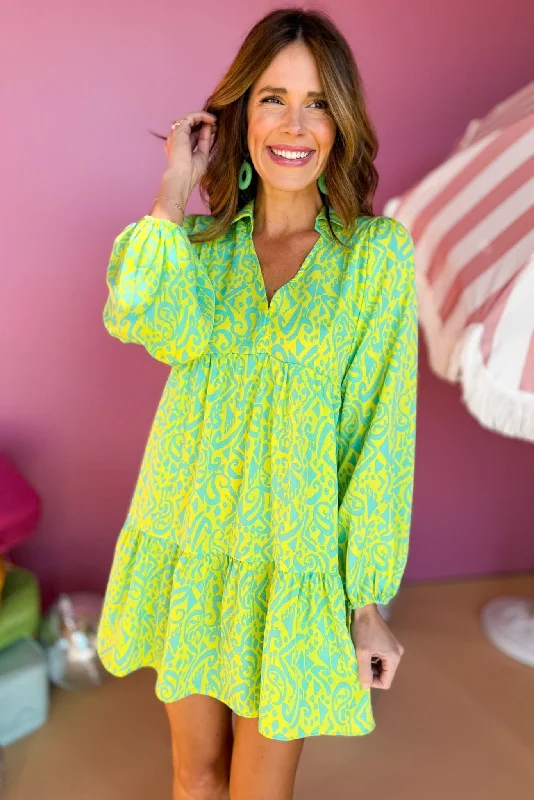 Lime Green Two Tone Abstract Printed Collared Tiered Long Sleeve Dress Wrap floral dresses