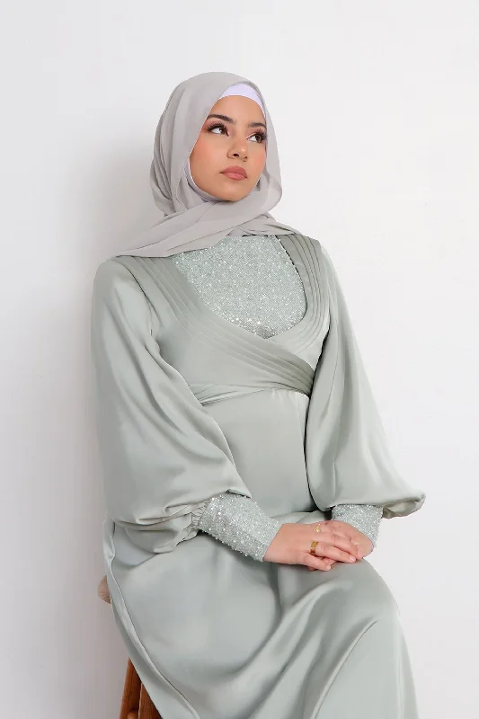 Lydia VIP Luxury Pearl Satin Dress- Mint Gray Bright color unclassified dresses