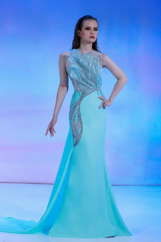 Mermaid gown featuring beaded bodice and train Denim unclassified dresses