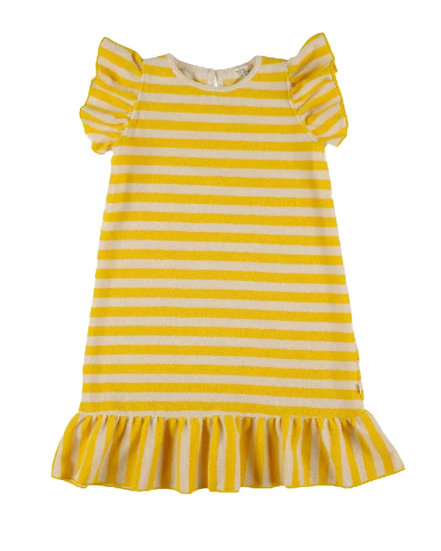 MY LITTLE COZMO "Les Tresors Marines" Organic Toweling Terry Stripes Dress in Yellow Minimalist unclassified dresses