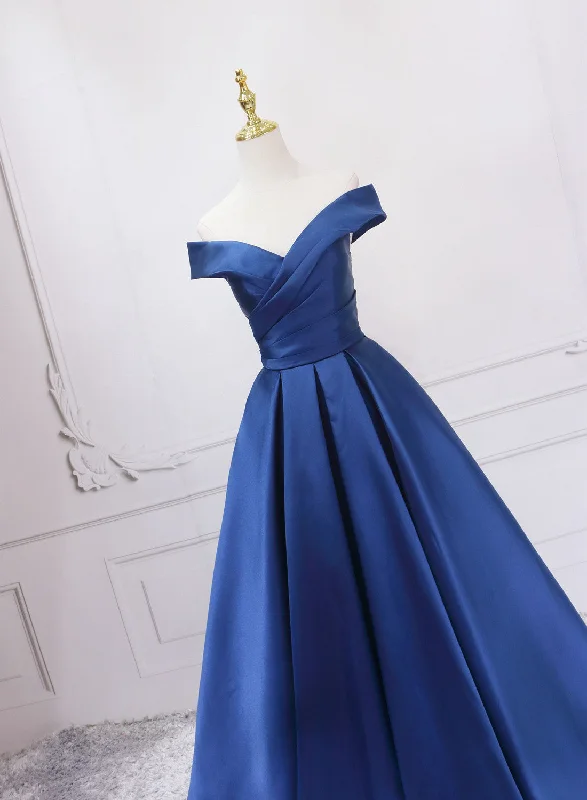 Off Shoulder Blue Satin A-line Floor Length Prom Dress, Blue Simple Formal Dress Anniversary unclassified dresses