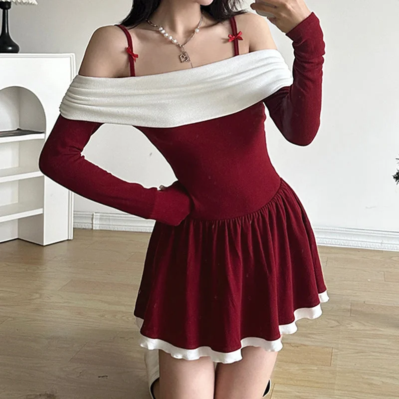 Off-Shoulder Bow Slim Christmas Pleated Dress Embroidered unclassified dresses